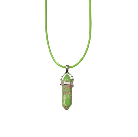 Jewelry - Natural Green Jasper Chakra Healing Crystal Point Pendant Green Cord Necklace